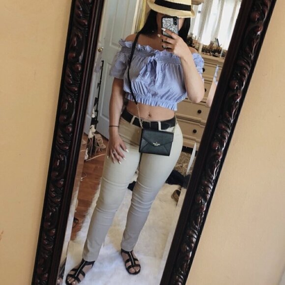 Zara Crop Top XS Off Shoulder Striped Ruffle Back Tie Summer Blue White Cinched - Picture 7 of 10